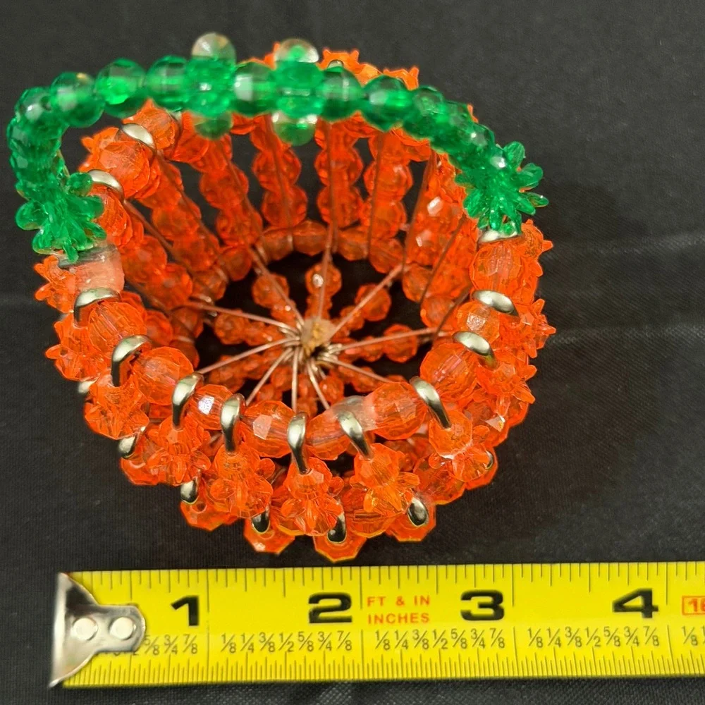 Vintage Handmade Beaded Safety Pin Pumpkin Art Basket Miniature Fall Decor